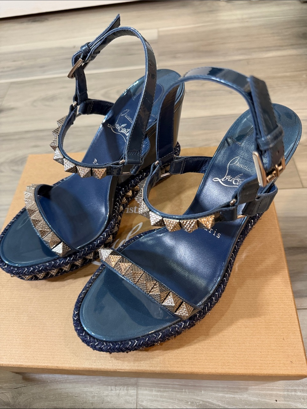 Christian Louboutin Blue Metallic Studded Wedge Sandals with Ankle Strap US 8 - Picture 4 of 10